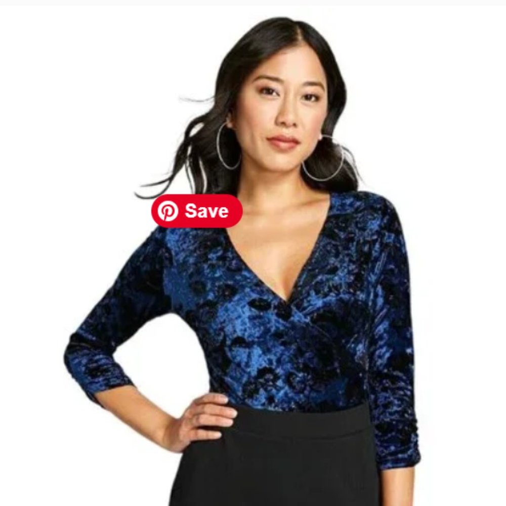 Modcloth blue and black velvet crossover bodysuit top M EUC